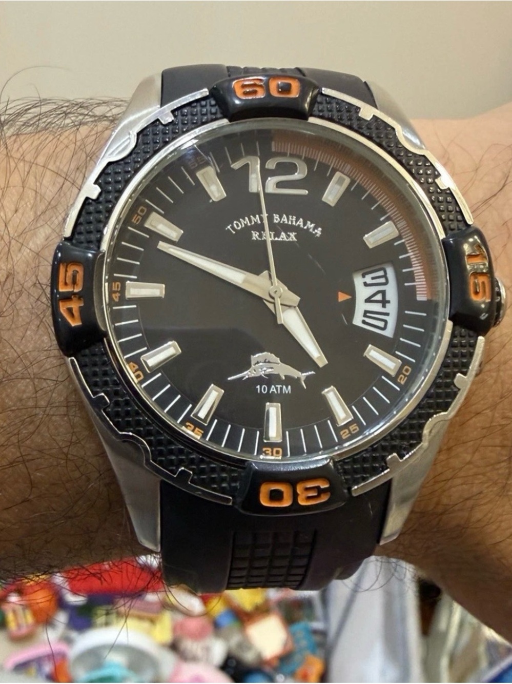 Tommy Bahama Relax Men Watch RLX1112 Black Orange Date 10 ATM 46mm Sport Diver
